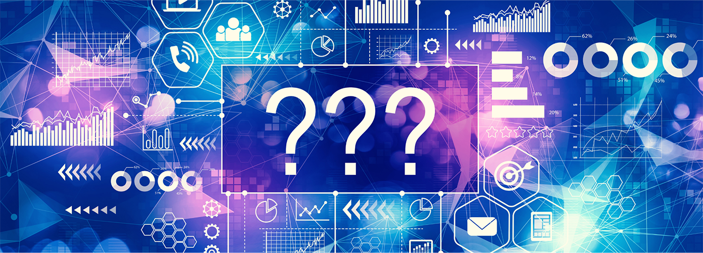 Abstract data analytics scene with charts, graphs, and three large question marks at center in a purple box, conveying data uncertainty.