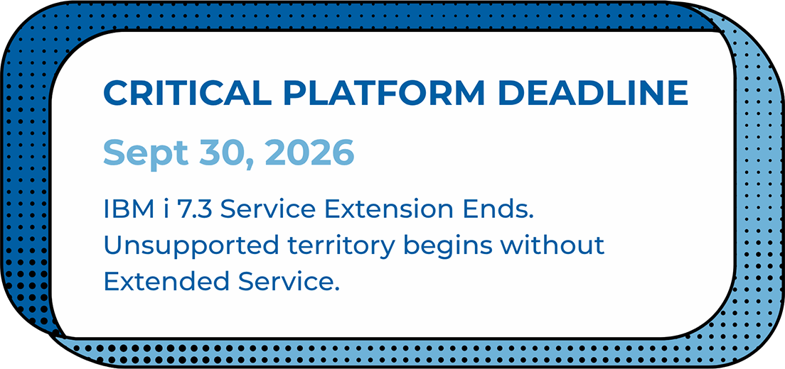 Announcement card:'CRITICAL PLATFORM DEADLINE' with date Sept 30, 2026 and note that IBM i 7.3 Service Extension ends.