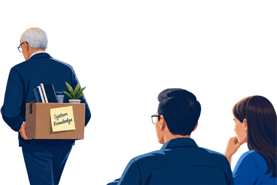 Man with gray hair walks away carrying a box labeled'System Knowledge' as two coworkers watch from behind.