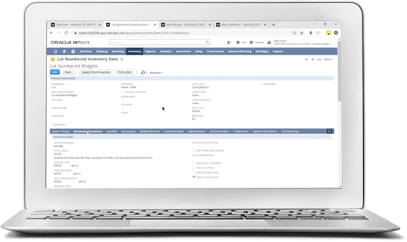NetSuite Inventory Management product interface
